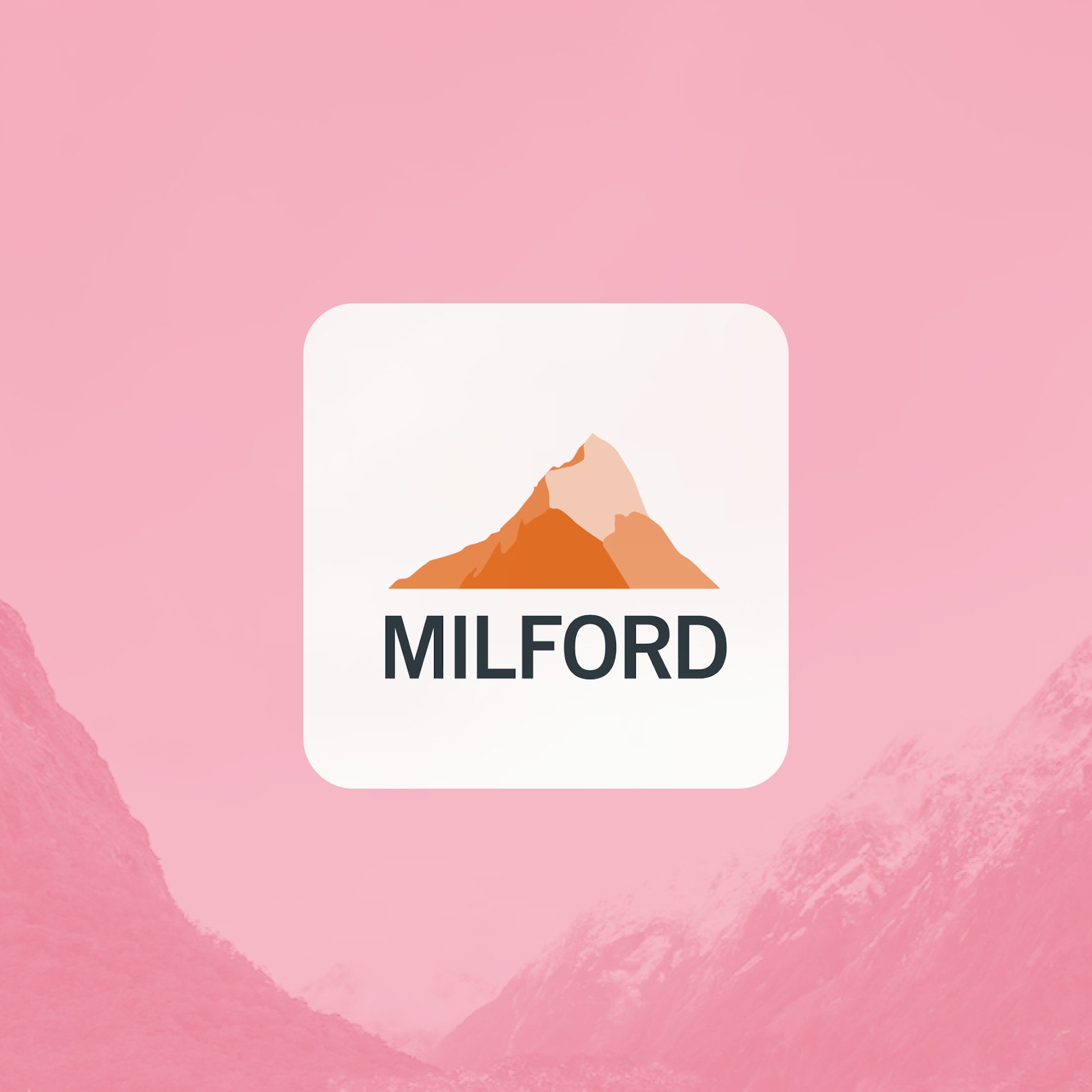 The Milford name and orange mountain logo are set within a white rounded square, which is centred within a pink-coloured image of a mountain range. 