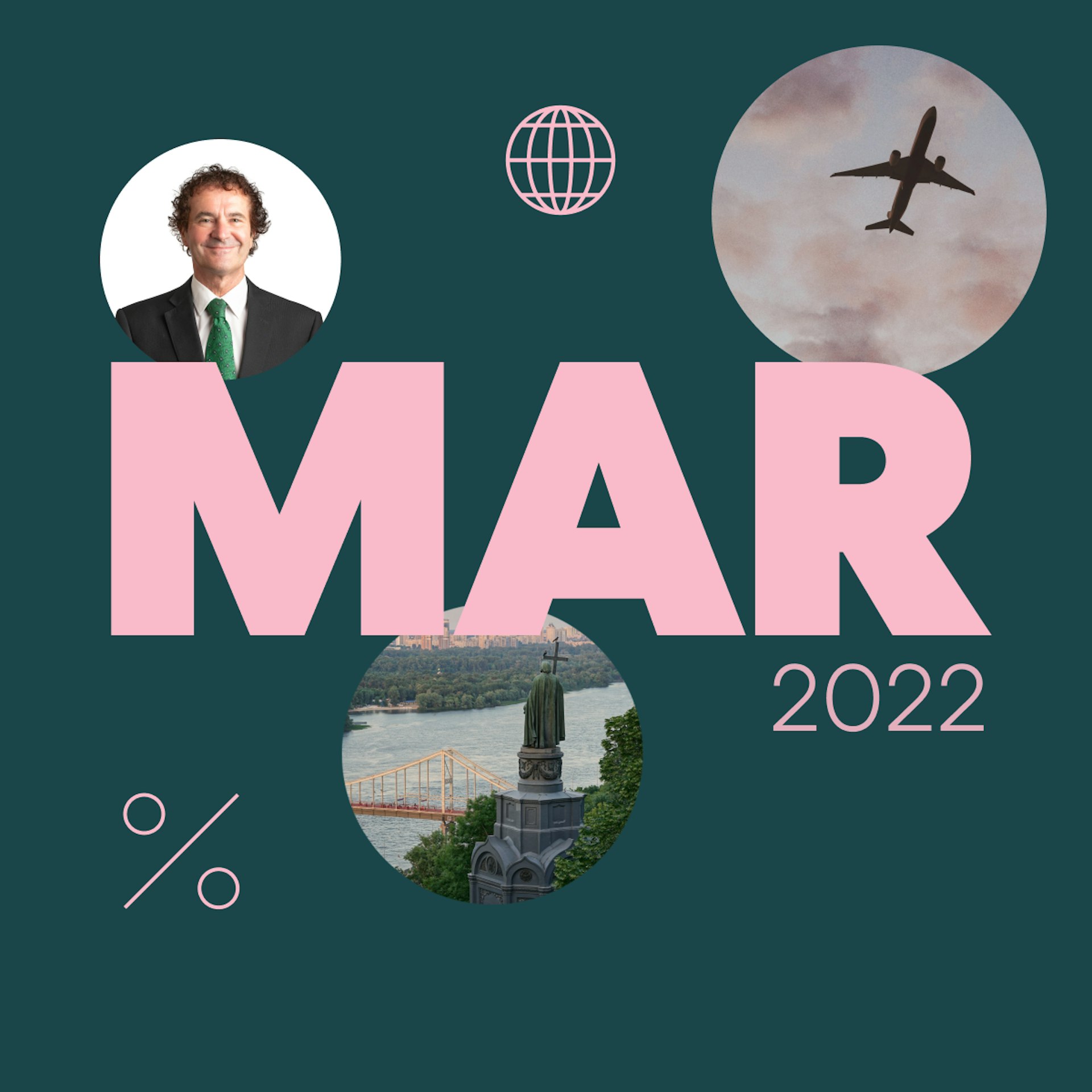 The investing insights cover for March, showing Tony's face, a percentage sign, a wireframe globe, an airplane in the sky, and a statue overlooking a river. 