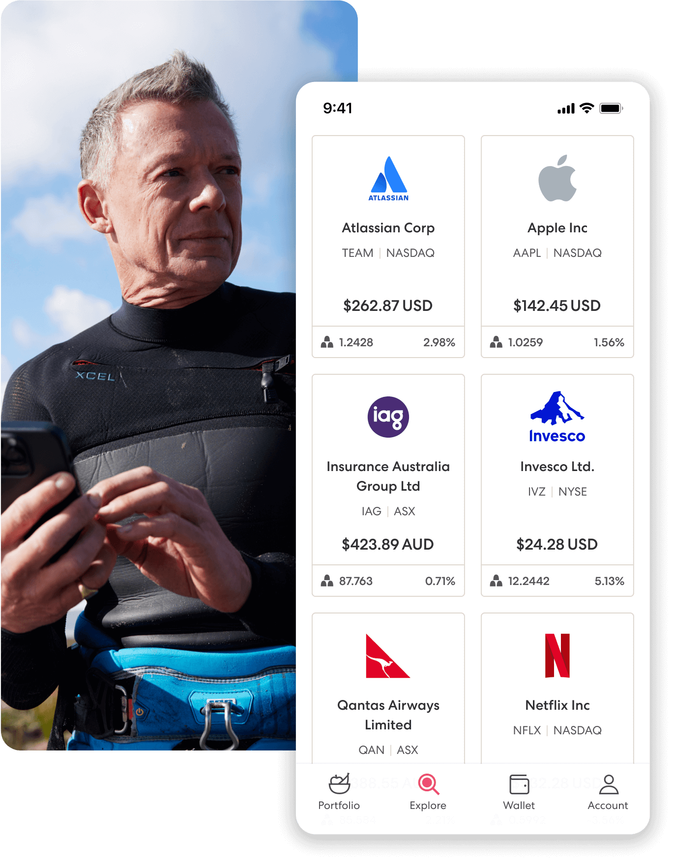 In the background, a middle-aged man in a wetsuit clutches a phone. In the foreground, an investment portfolio containing Atlassian, Apple, IAG, Invesco, Qantas, and Netflix is shown in the Sharesies app.