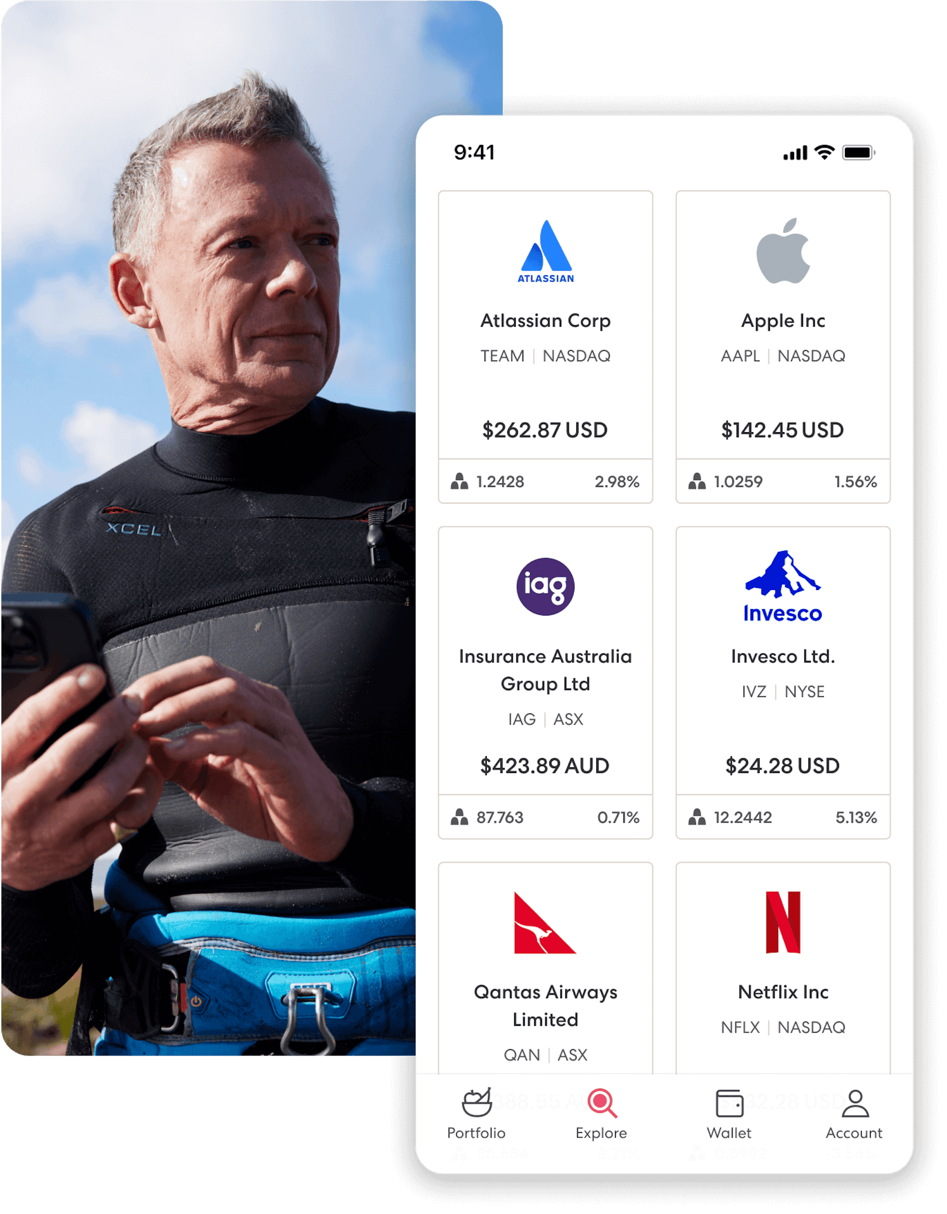 In the background, a middle-aged man in a wetsuit clutches a phone. In the foreground, an investment portfolio containing Atlassian, Apple, IAG, Invesco, Qantas, and Netflix is shown in the Sharesies app.
