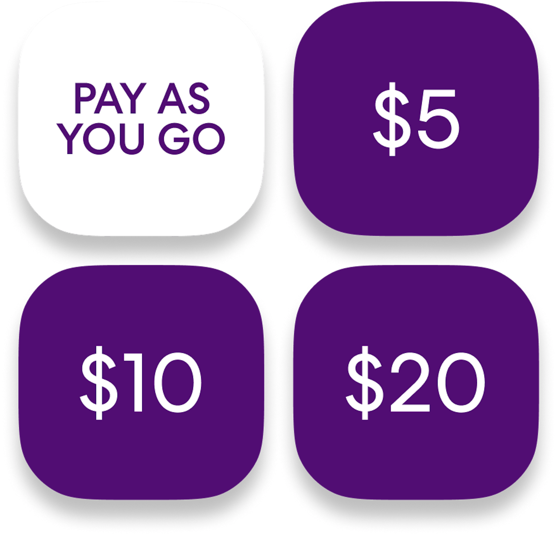 A quad showing four tiles. Reading clockwise from top-left: pay as you go, $5, $10, $20.