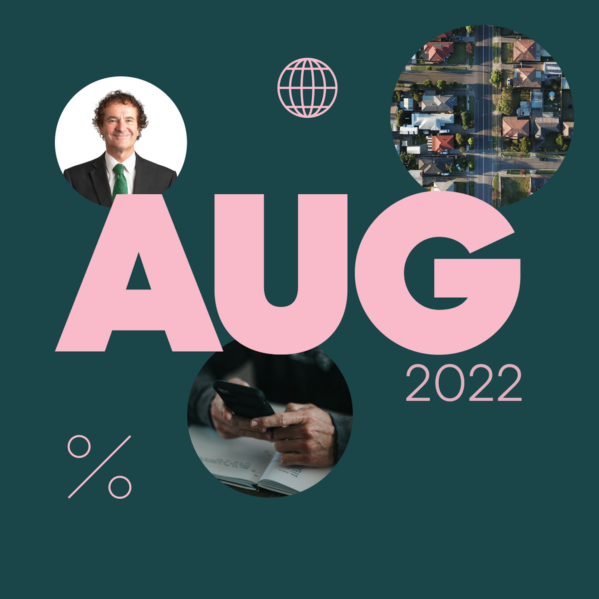 The header image for Tony Alexander's Investing Insights survey for August 2022. "Aug 2022" is in large pink text in the centre of the image, surrounded by a photo of Tony Alexander, a birds-eye photo of a residential street, and a close-up photo of two hands typing on a phone. 