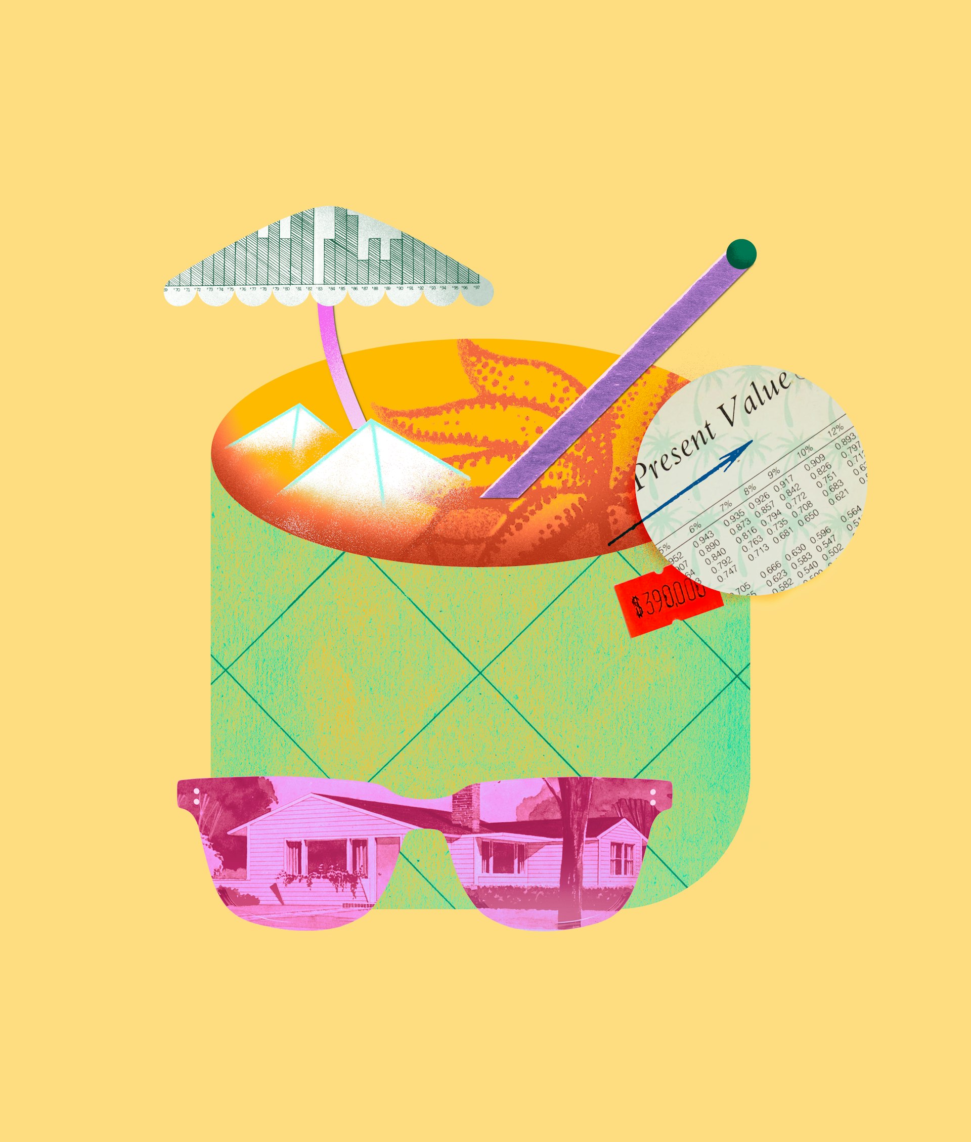 Collage-style graphic of sunglasses and a drink. 