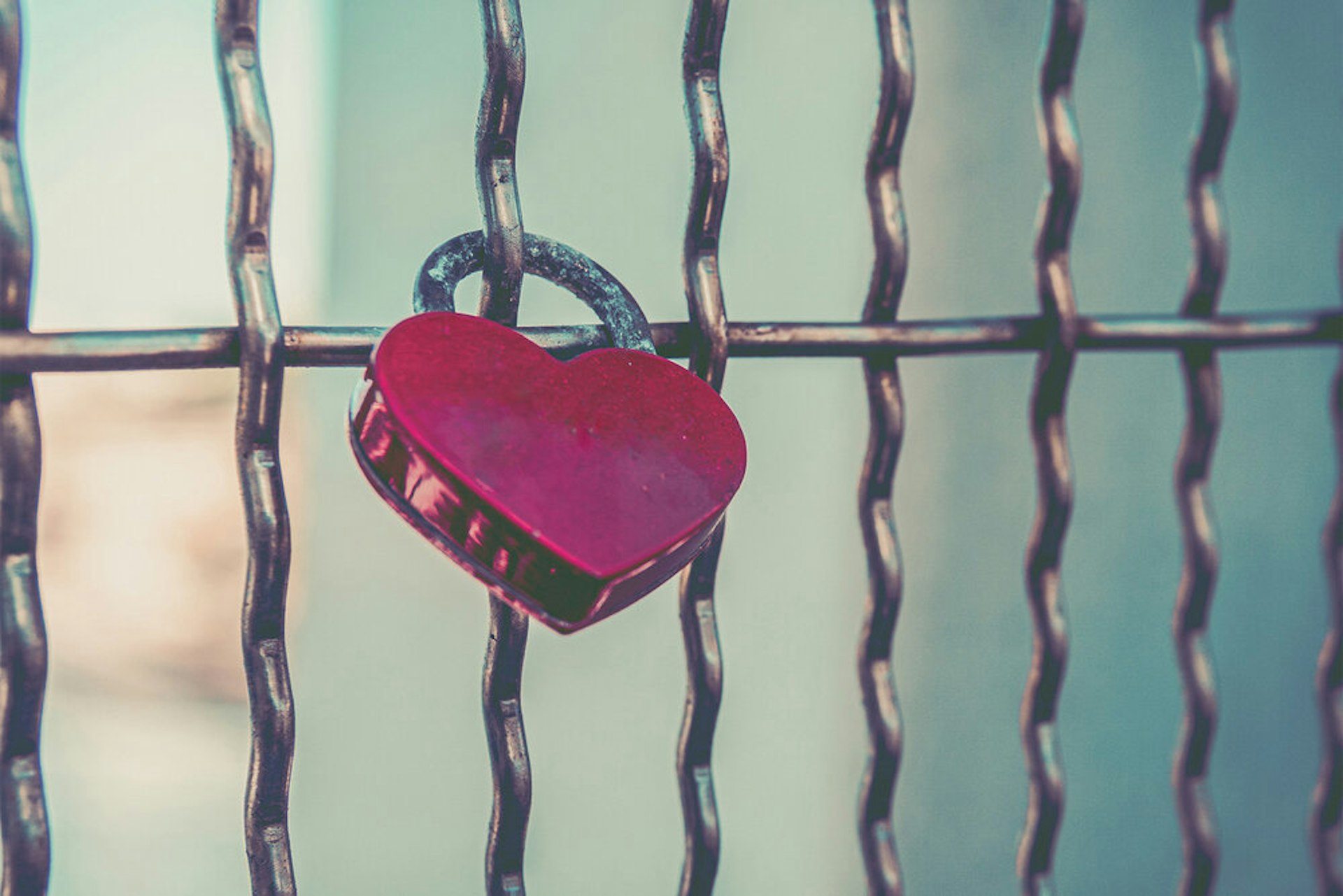 A love heart padlock locked to a fence.