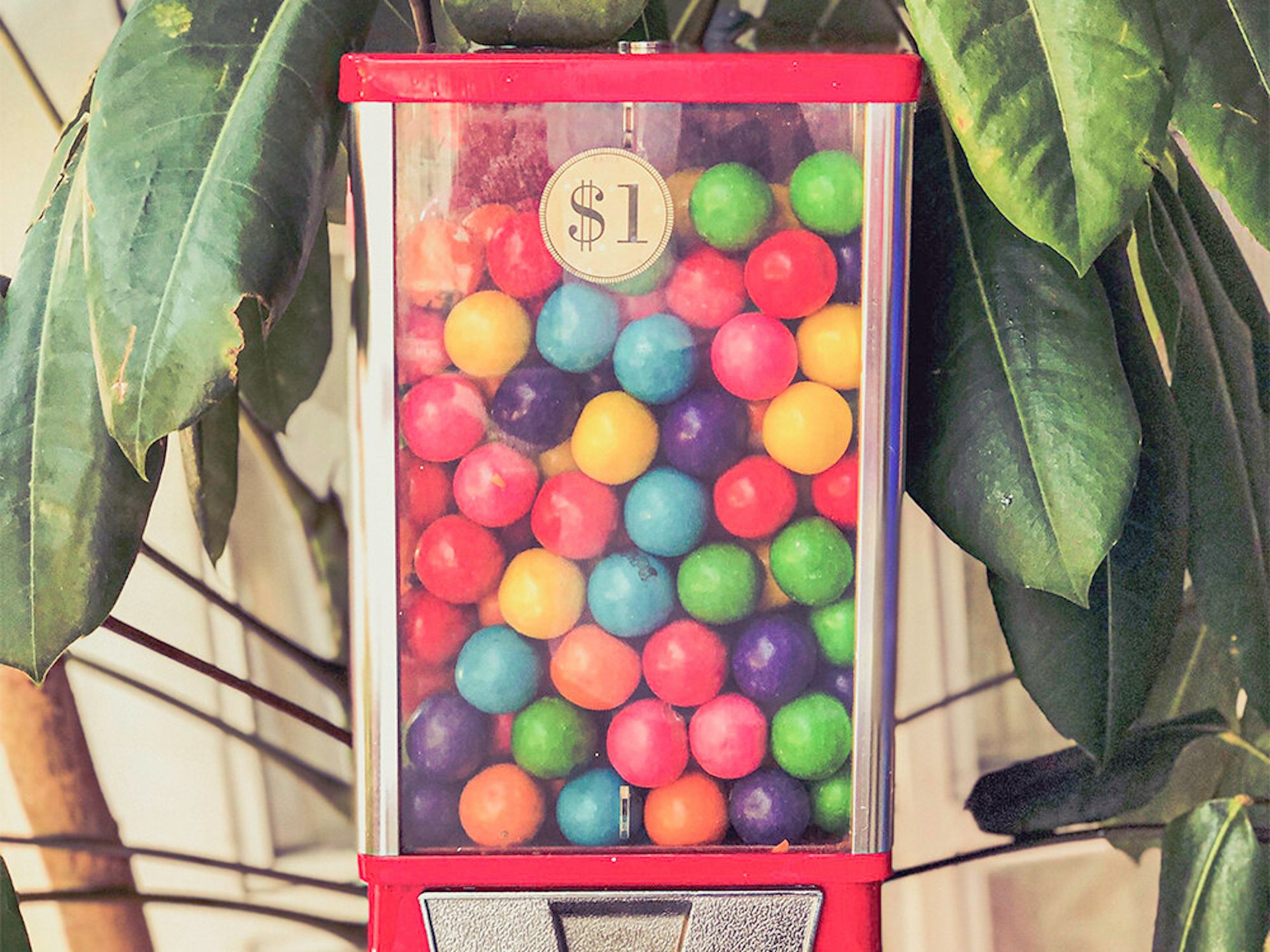 A red gum-ball machine with multi-coloured gum balls in it.