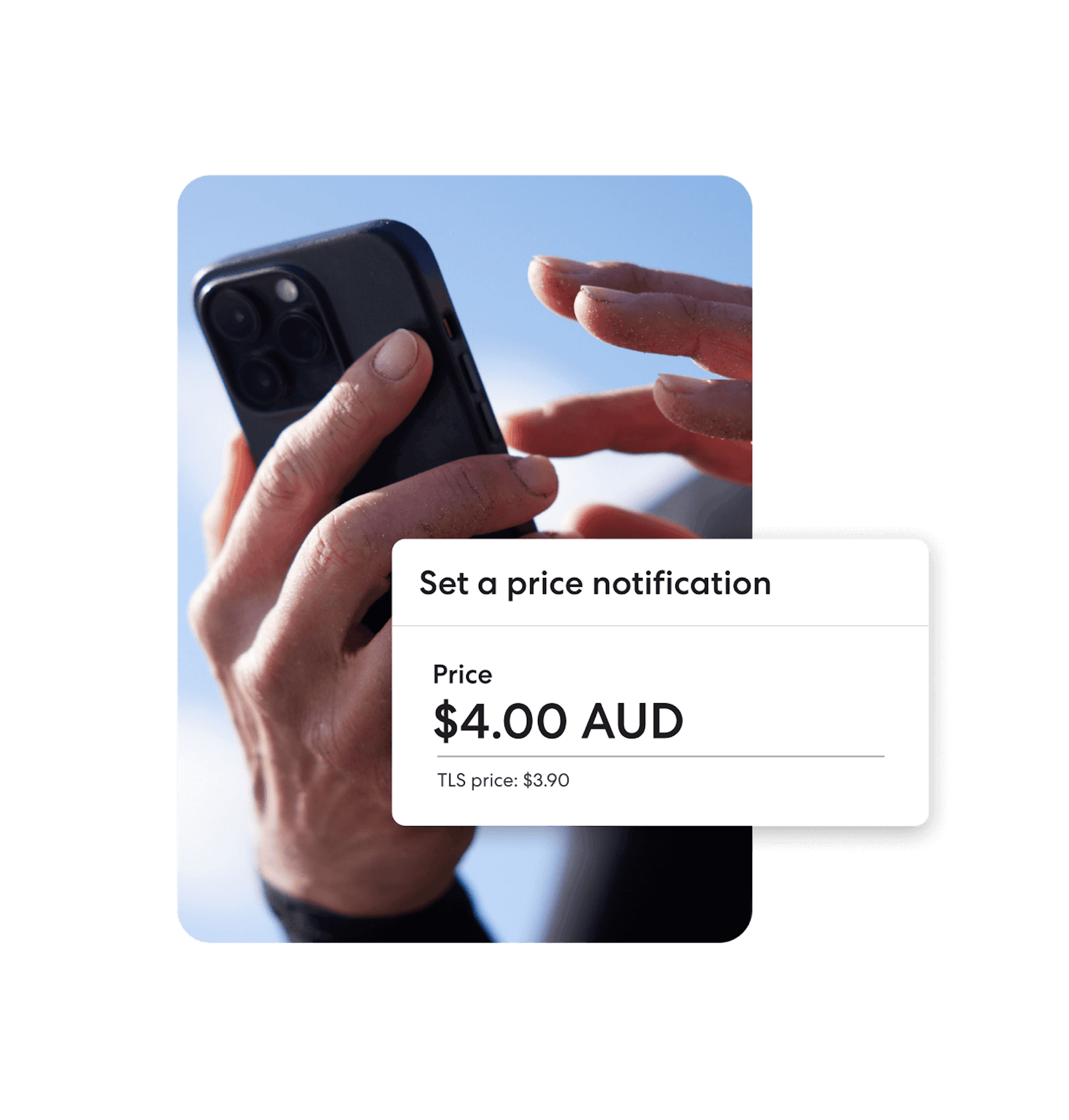 A hand holding a phone with a piece of Sharesies user interface laid over top. It says 'set a price notification' with a $4.00 AUD price set.