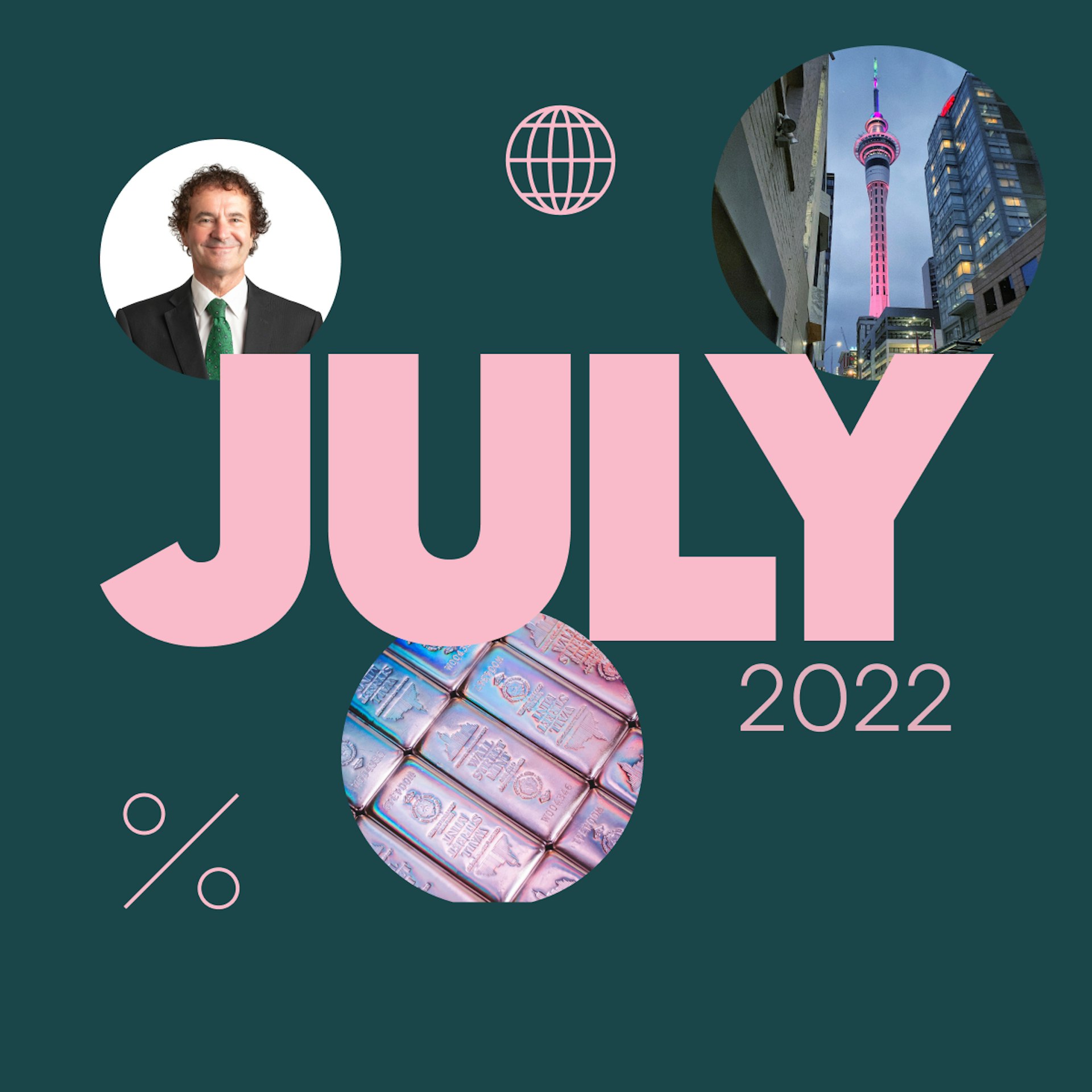 Hero image for Investor Insights with Tony Alexander. The word July is centre in big pink lettering, with images of Tony himself, the Sky tower, and metal bullions surrounding.  