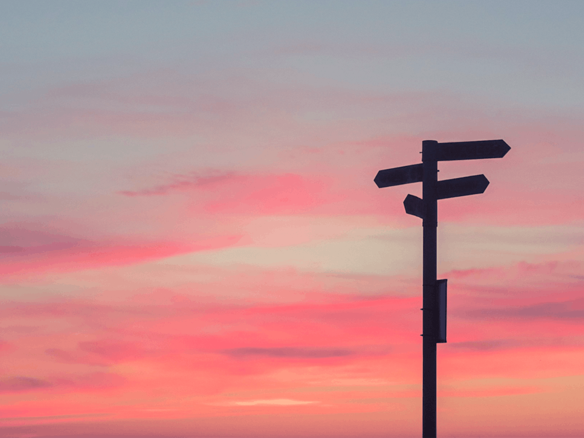 A sign post pointing in multiple directions with a pastel-coloured sky in the background.