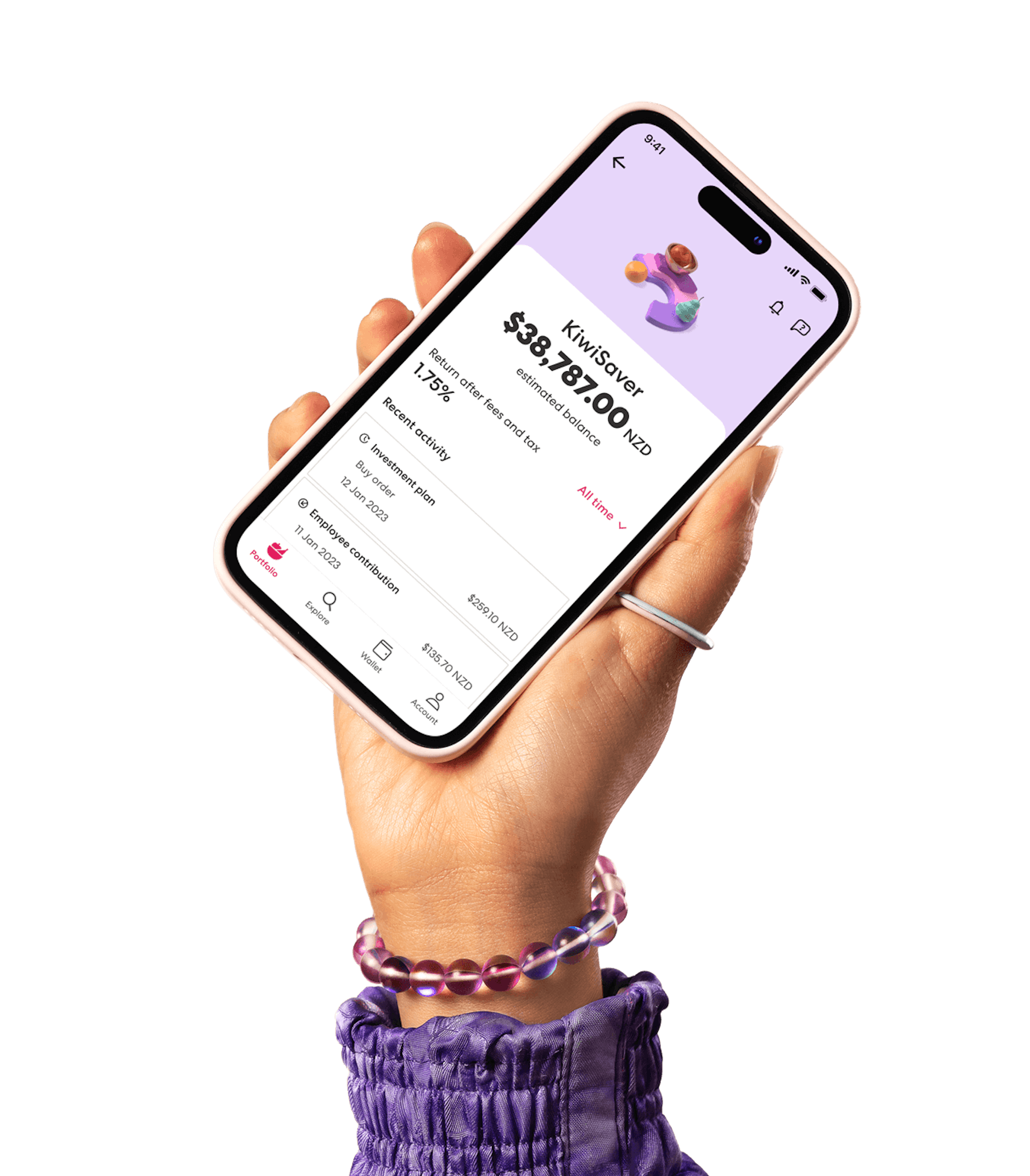 A hand holds an iPhone showing the Sharesies app. The screen displays a KiwiSaver portfolio with a balance of $20,301.87 NZD and return of 1.75%.