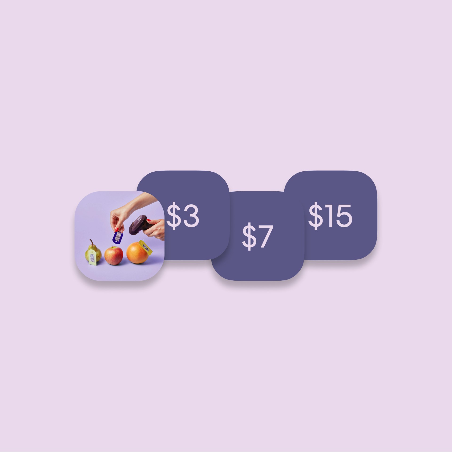 Three price tags on a purple background. 