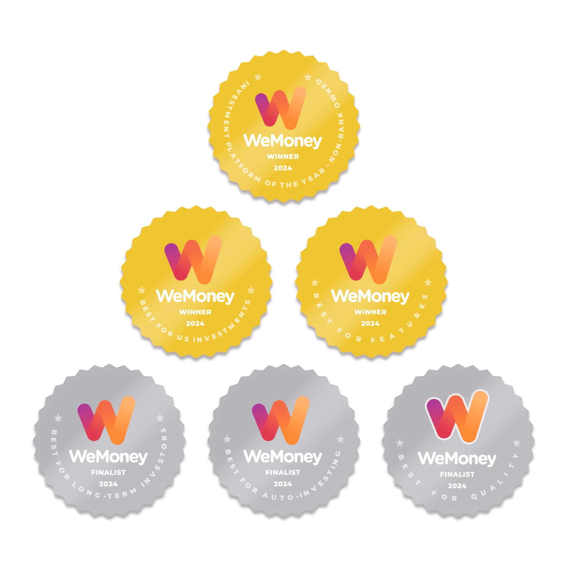 Six 2024 WeMoney Awards arranged in a pyramid shape. From top to bottom, left to right: Winner, Investing Platform of the Year (Non-Bank); Winner, Best for US Investments; Winner, Best for Features; Finalist, Best for Long-Term Investors; Finalist, Best for Auto-Investing; Finalist, Best for Quality.