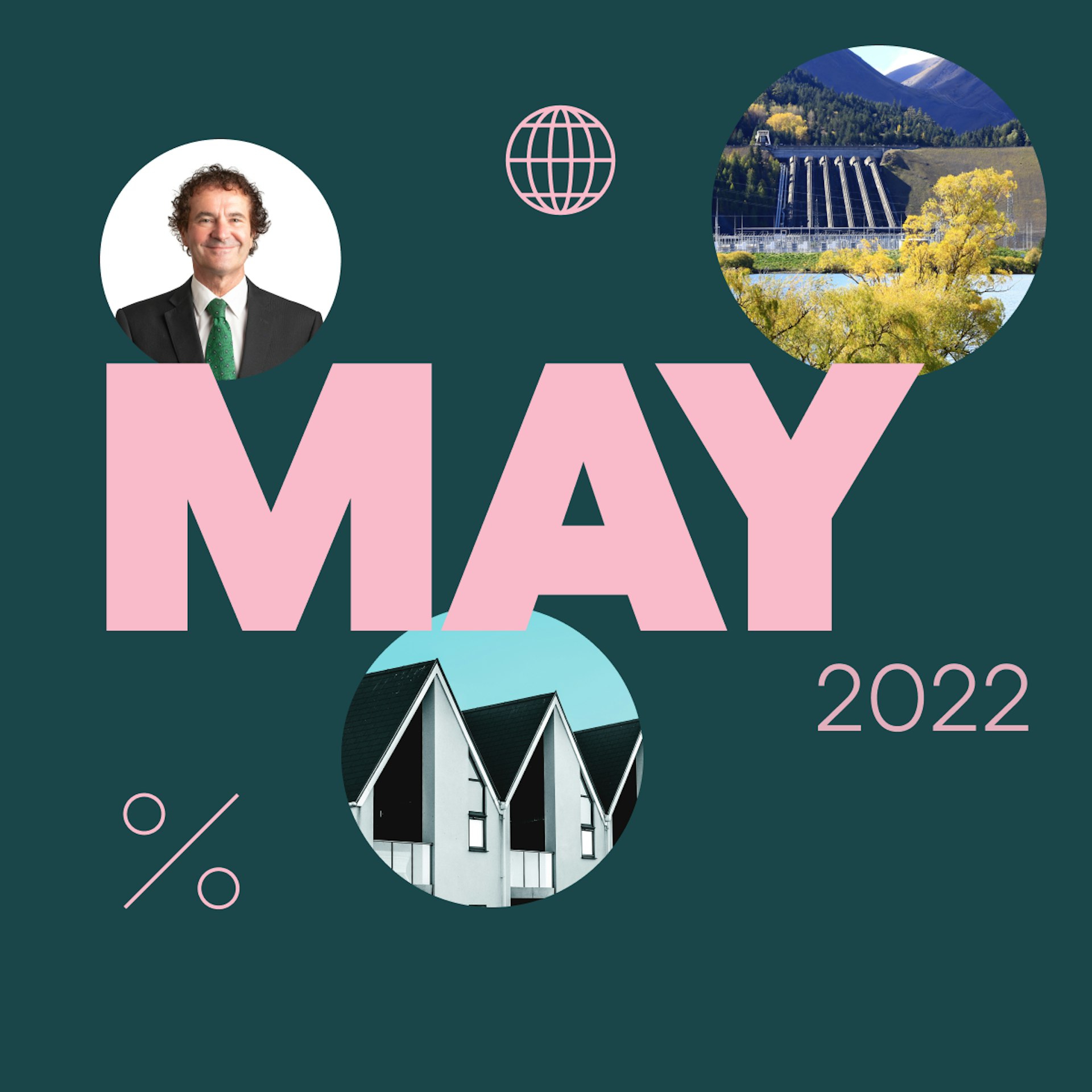 The cover image features the word May in big pink text in the middle of a dark green background. On the top right is an inset circular photo of a hydro plant, below the word May is an inset circular photo of a row of houses, and on the top left is a circular photo of Tony Alexander. In between these are pink line-drawn percentage symbols, a line-drawn globe, and the year 2022. 