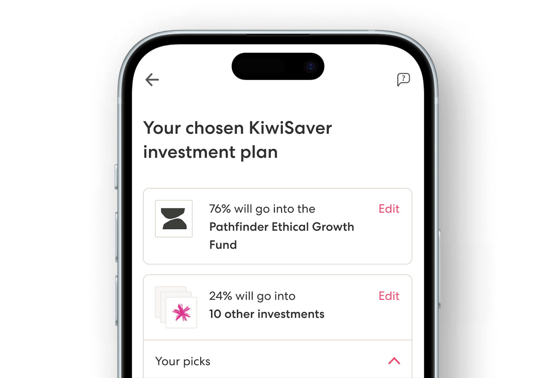 The top half of an iPhone screen showing a screen in the Sharesies app. Displayed is an investment plan made up of the Pathfinder Ethical Growth Fund and 10 other investments.