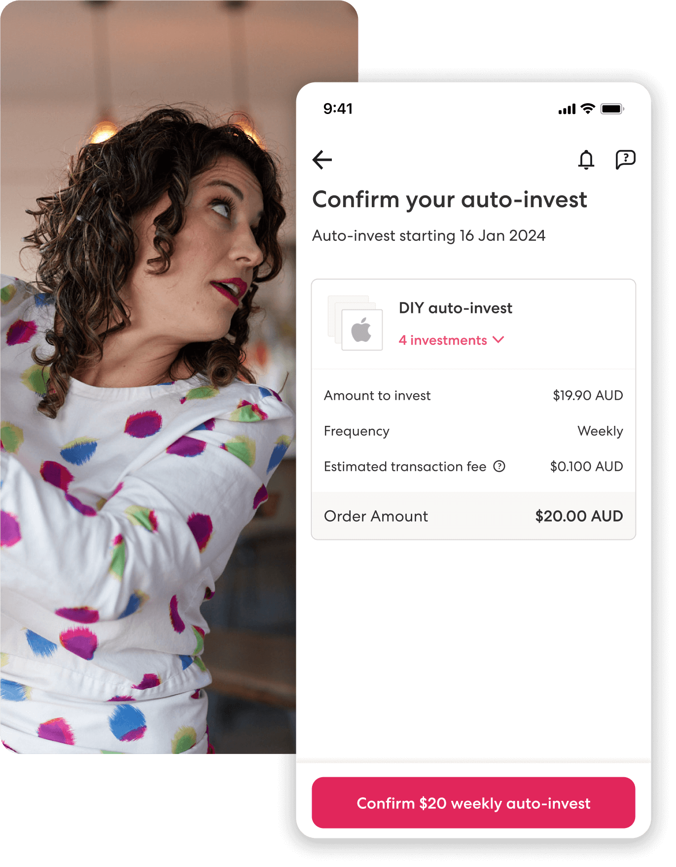 In the background, a woman in a polka dot blouse looks over her shoulder. In the foreground, an auto-invest confirmation screen is shown in the Sharesies app.