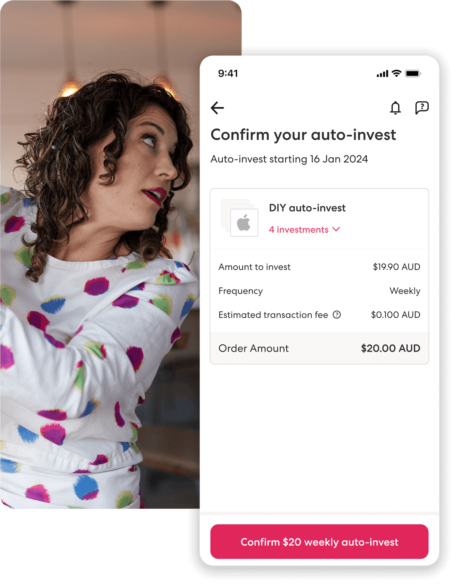 In the background, a woman in a polka dot blouse looks over her shoulder. In the foreground, an auto-invest confirmation screen is shown in the Sharesies app.