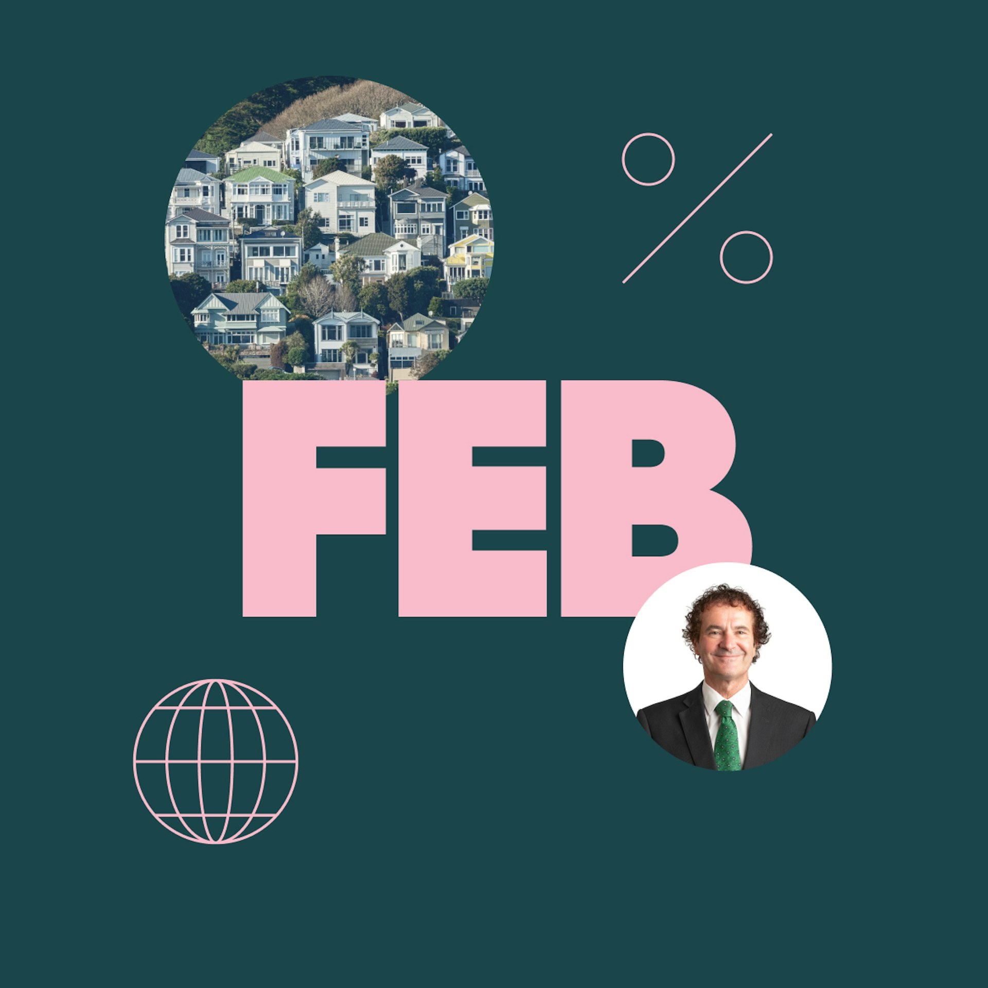 The investing insights cover for February, showing Tony's face, housing, a percentage sign, and a wireframe globe.