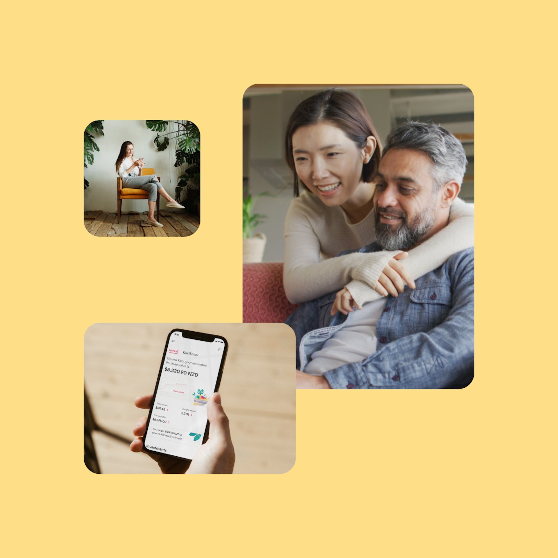 A cluster of three images—a woman sitting on a chair, a couple in an embrace, and a Sharesies Portfolio displayed on a phone.