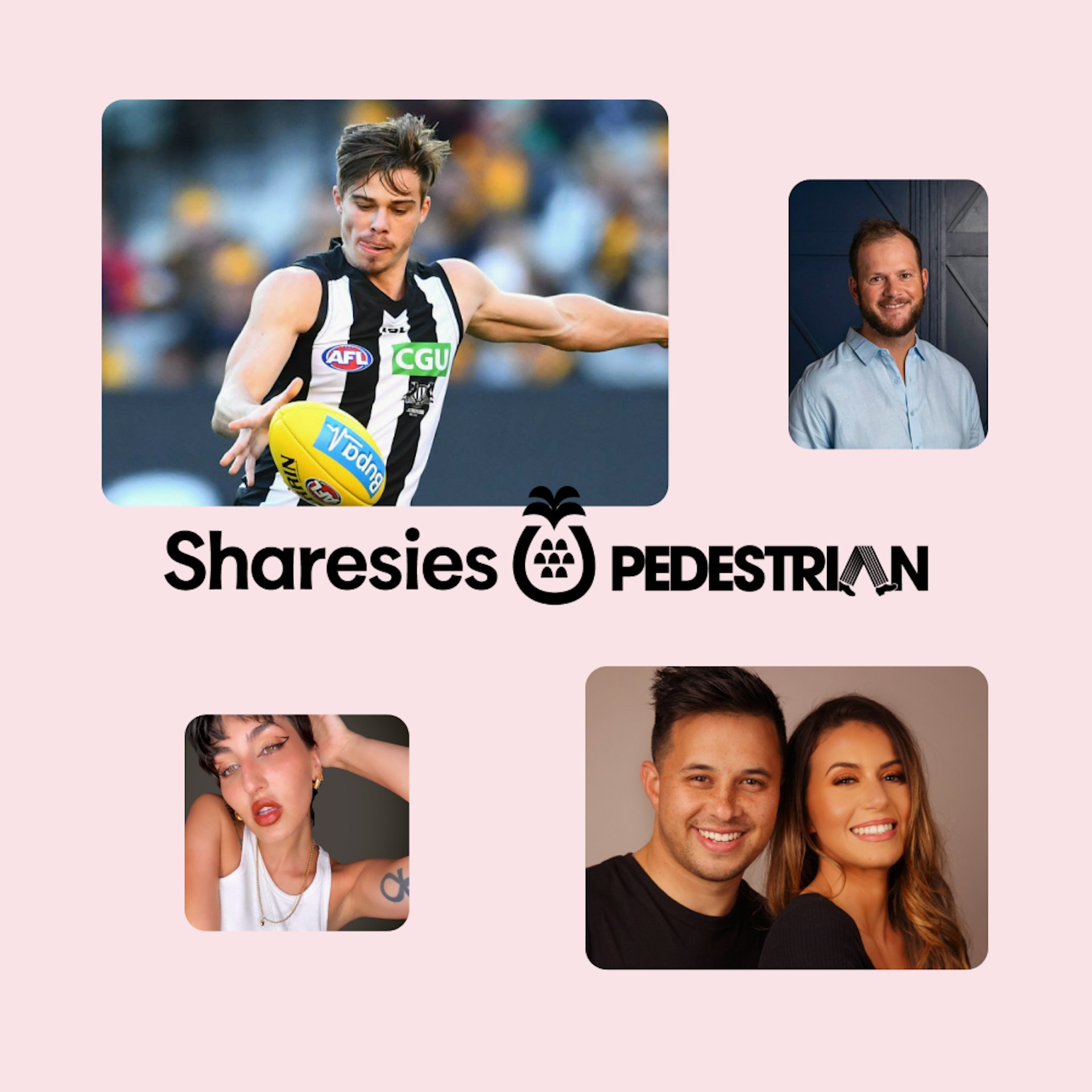 Four images of people against a pink background, with the Sharesies and Pedestrian names coloured black in the middle of the image. The top right image is a man wearing a blue shirt smiling into the camera, bottom left is a man and women wearing black and smiling, bottom left is a person wearing a white singlet and posing for the camera, and the top left image is an AFL player kicking a ball during a game.  